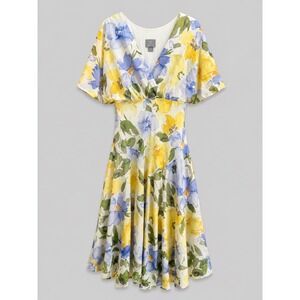 Rabbit Rabbit Rabbit Designs Floral Midi Dress Blue Yellow Watercolor Size 8